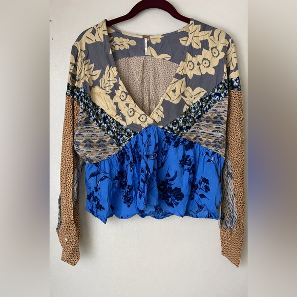Free People Patchwork Floral Mixed Print Peasant Blouse - Picture 1 of 4
